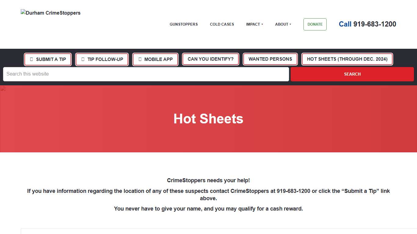 Hot Sheets - Durham CrimeStoppers